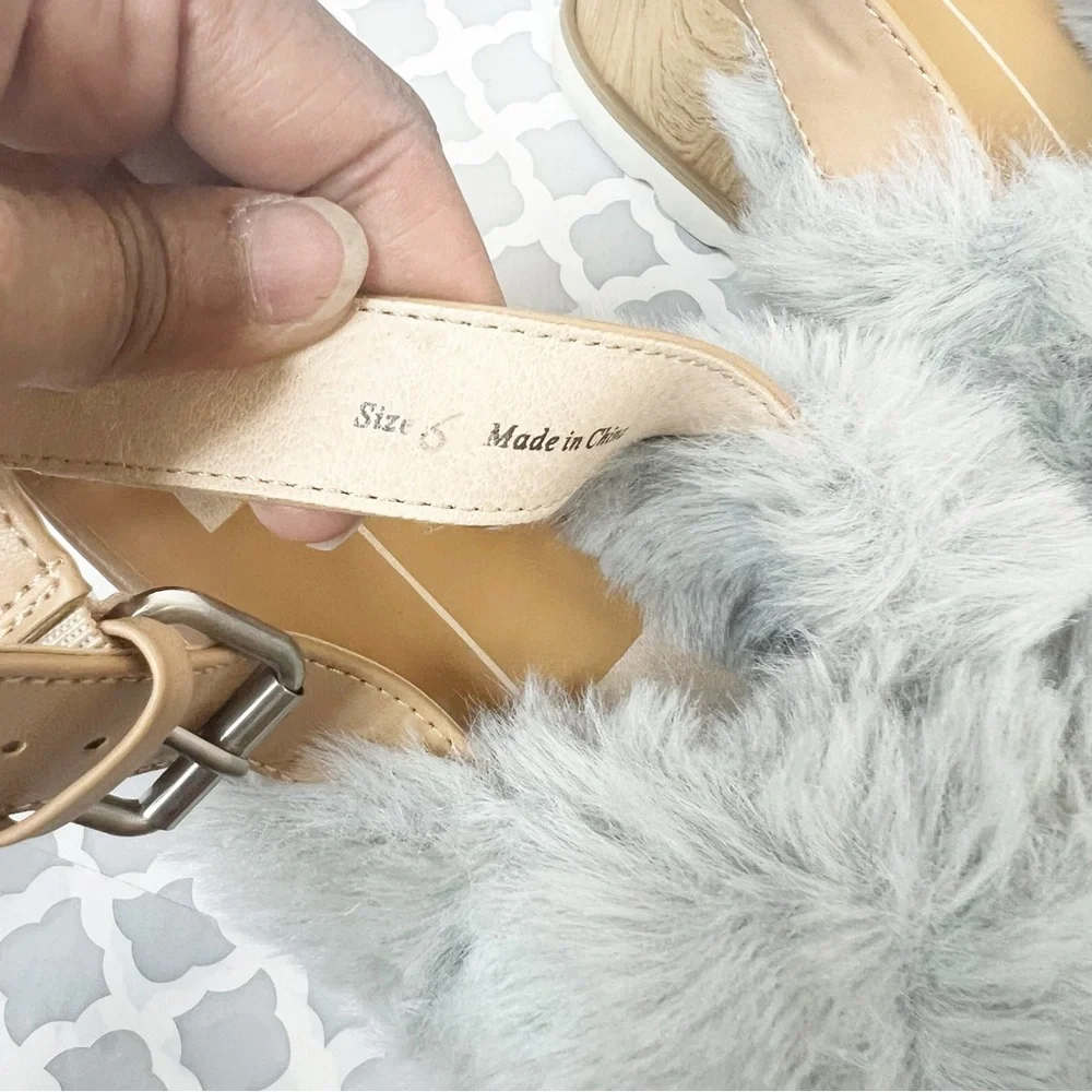 NWOB Dolce Vita Grey Faux Fur Ankle Strap Wedge Sandal